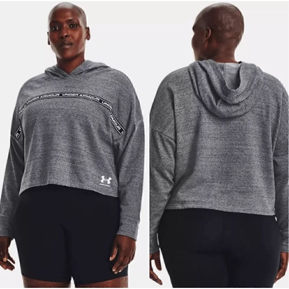 Under Armour Rival Terry Crop Loose Fit Hoodie Womens Size Large Grey Athletic